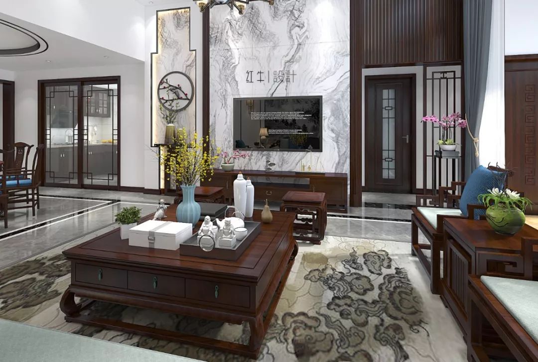 南京奥斯博恩庄园190平米现代中式风格装修  古典美学融入现代设计01客厅