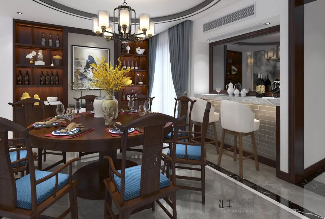南京奥斯博恩庄园190平米现代中式风格装修  古典美学融入现代设计03餐厅
