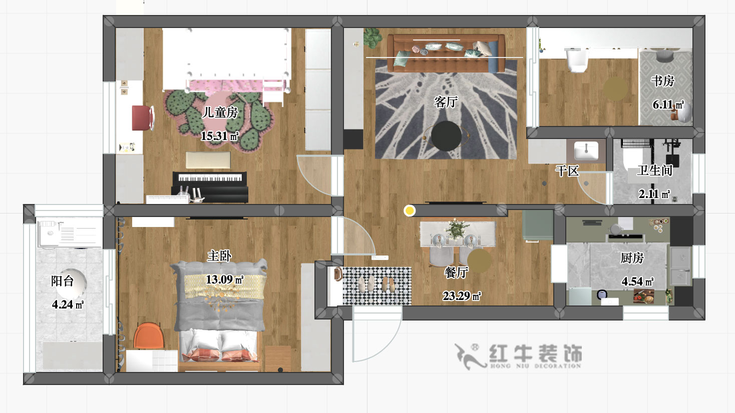 魏明花_西康路3号12-402-85㎡-北欧风格_彩平图