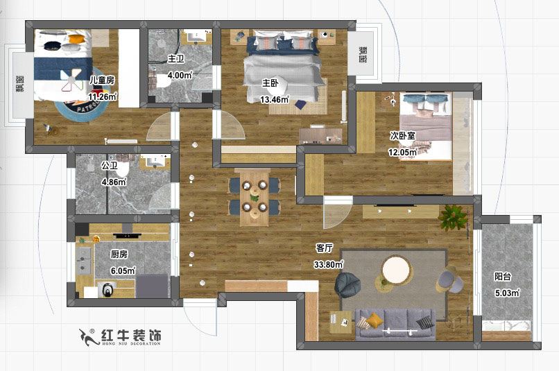 陆利民_时光澔韵华盛园2-4-801-115㎡-北欧风格_彩平图