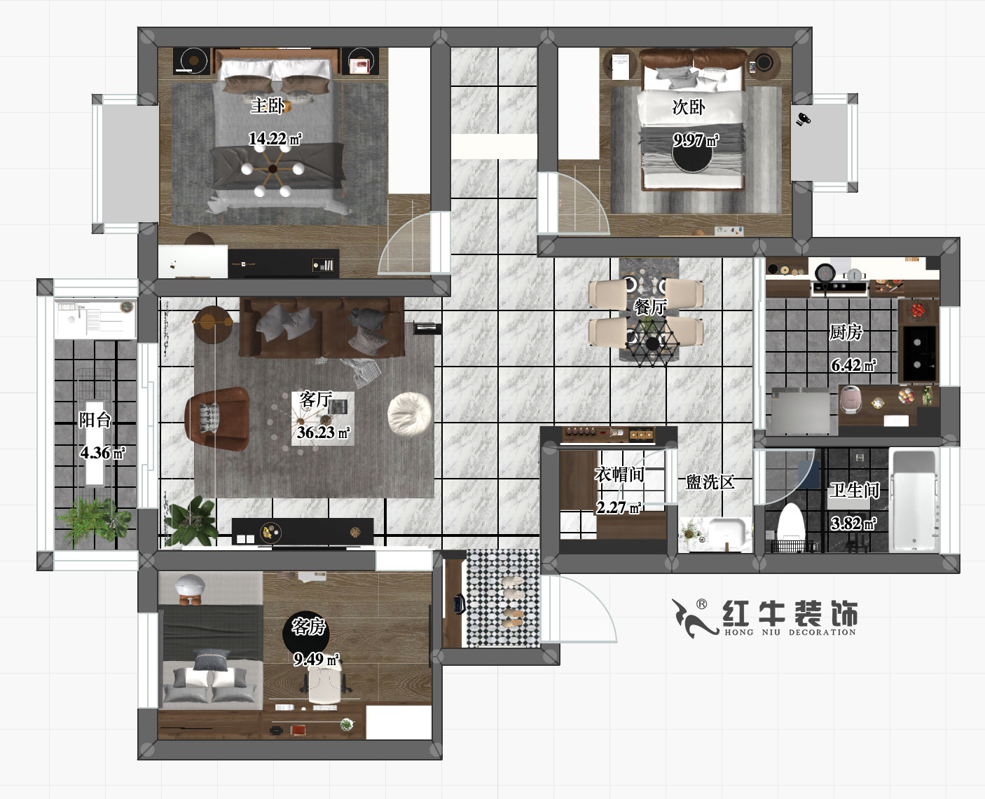 刘小勇_壹城东区13-206-108㎡-现代简约风格_彩平图