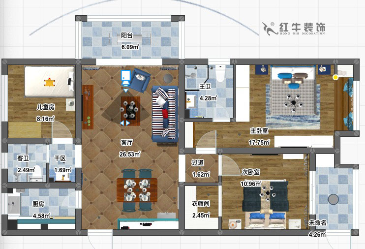 陆利民_碧景山庄6-201-117㎡-地中海风格_3室2厅2卫（新房装修）_成品家￥156700_全包15