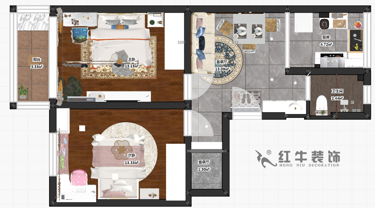 张桐玮_武定新村41-402-60㎡-简欧风格_2室1厅1卫（老房装修）_定制家￥83500_全包10万00_03彩平图