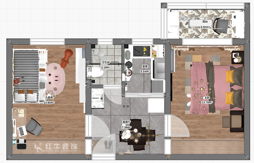 高灵慧｜华新巷16-405-55㎡-北欧风格｜2室1厅2卫｜老房装修｜定制家￥100000｜全包10万｜00_03彩平图