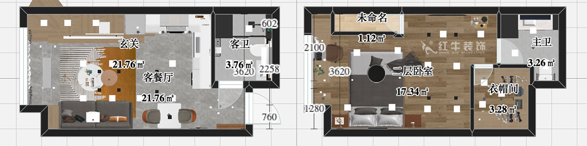 张智猿｜海赋尚城6-508-40㎡挑高-现代简约风格｜1室1厅1卫｜新房装修｜定制家￥100000｜全包11万｜00_04彩平图