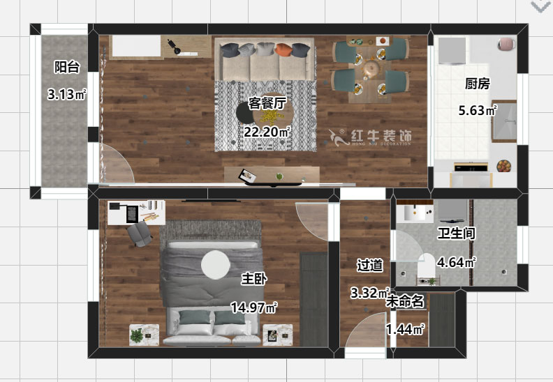 刘晓芳｜长白街2号1-506-64㎡-现代风格｜2室2厅1卫｜老房装修｜定制家￥105600｜全包10