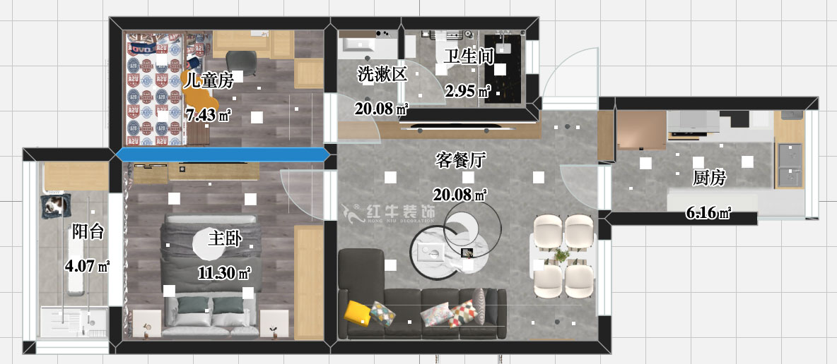 张智猿｜银龙花园1期35-301-60㎡-现代简约风格｜2室1厅1卫｜老房装修｜定制家￥120000｜全包10万｜00_03彩平图