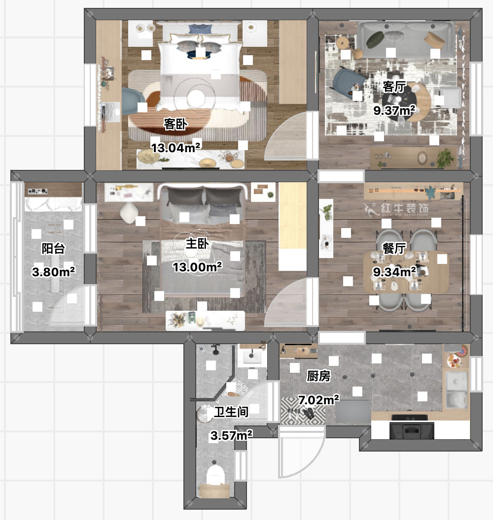 顾娟｜鼓楼街3号3-506-70㎡-北欧风格｜3室2厅1卫｜旧房装修｜定制家￥110000｜全包12万｜00_04平面彩图