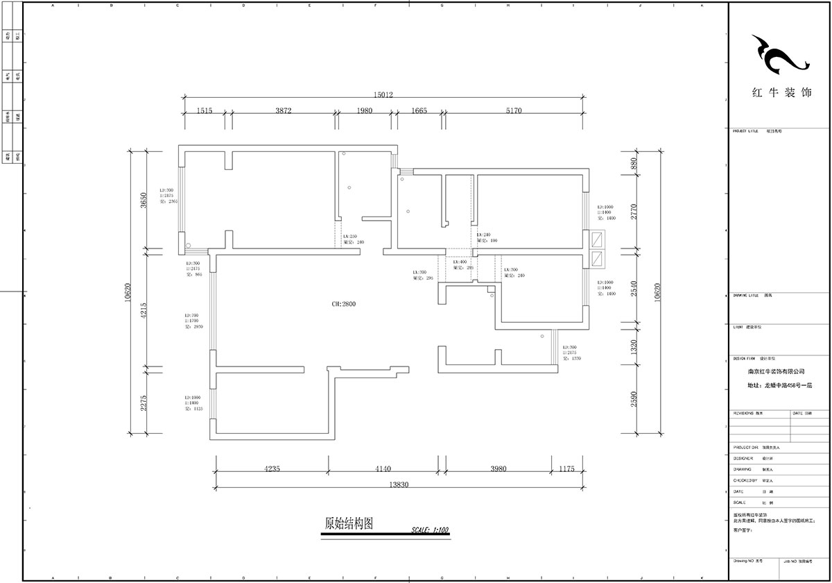 【实景案例】蒋琛｜紫金东郡2-302-135㎡-现代风格｜4室2厅2卫｜定制家￥190562｜全包23万｜00_01原始结构图