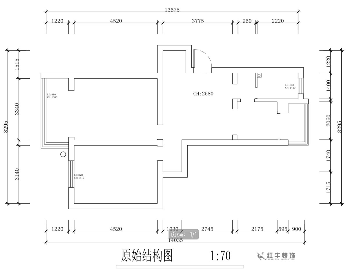 蒋琛｜安泰村21-401-80㎡-现代简约风格｜2室1厅1卫｜旧房装修｜定制家￥126767｜全包12万｜00_01原始结构图