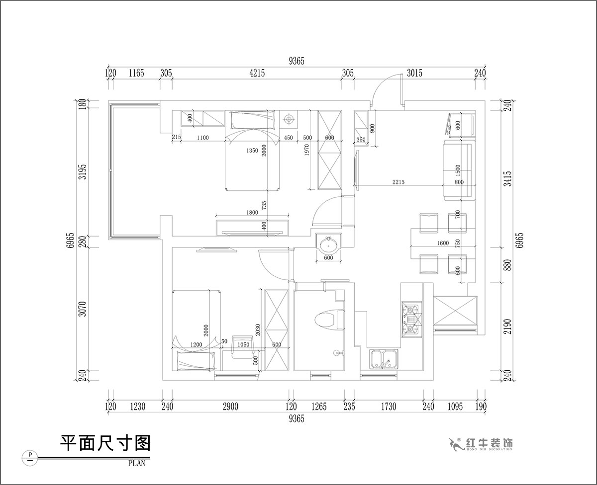 张桐玮｜腾飞园7-104-58㎡-现代简约风格｜2室1厅1卫｜旧房改造｜定制家￥65000｜全包10万｜00_03平面尺寸图