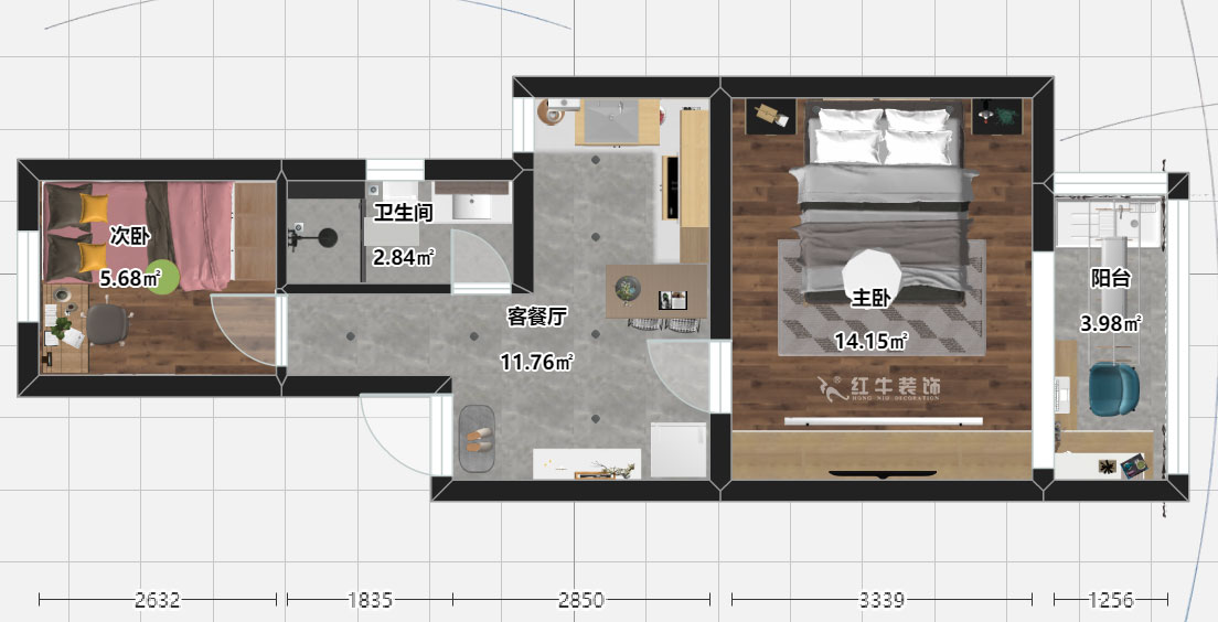 刘晓芳｜老虎头41-701-50㎡-现代风格｜2室1厅1卫｜老房装修｜定制家￥88740｜全包8