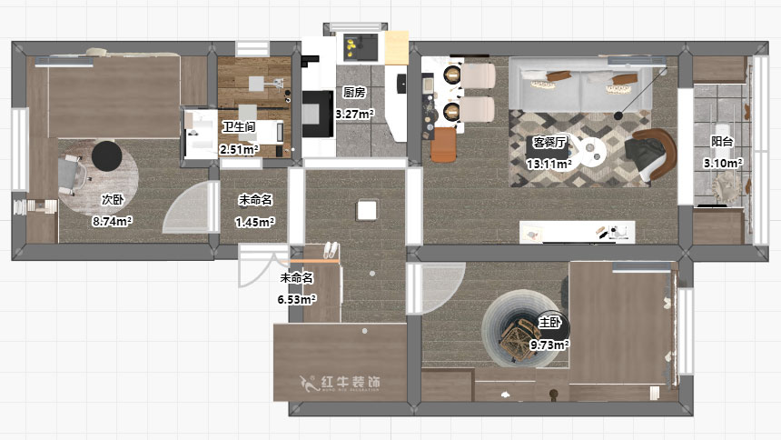 孟宪涛｜张府园小区20号202室-70㎡-简约风格｜2室1厅1卫｜老房装修｜定制家￥95000｜全包12万｜00_03平面彩图