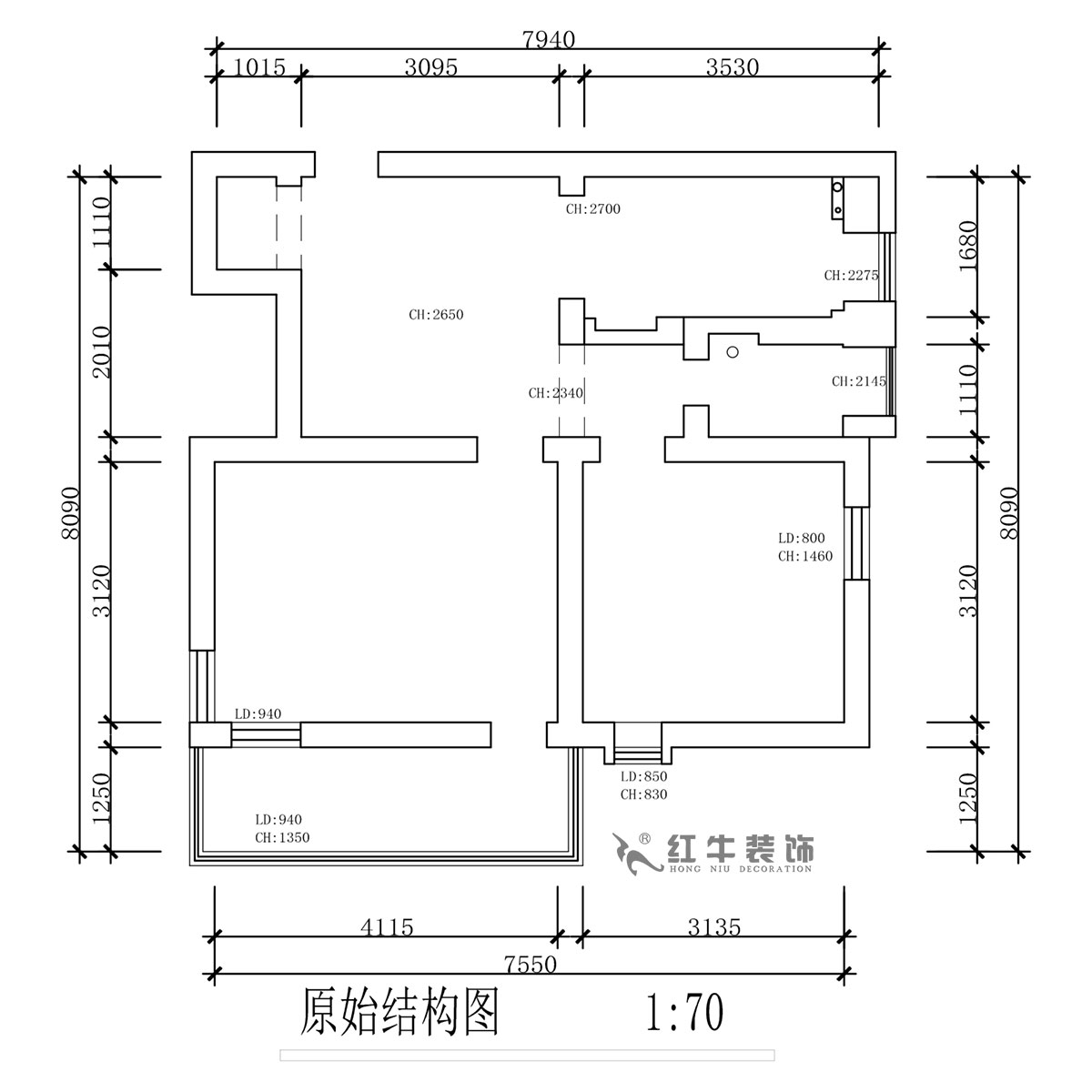 蒋琛｜公园路44号小区3-204-60㎡-现代简约风格｜2室1厅1卫｜旧房装修｜定制家｜全包10万｜00_01原始结构图