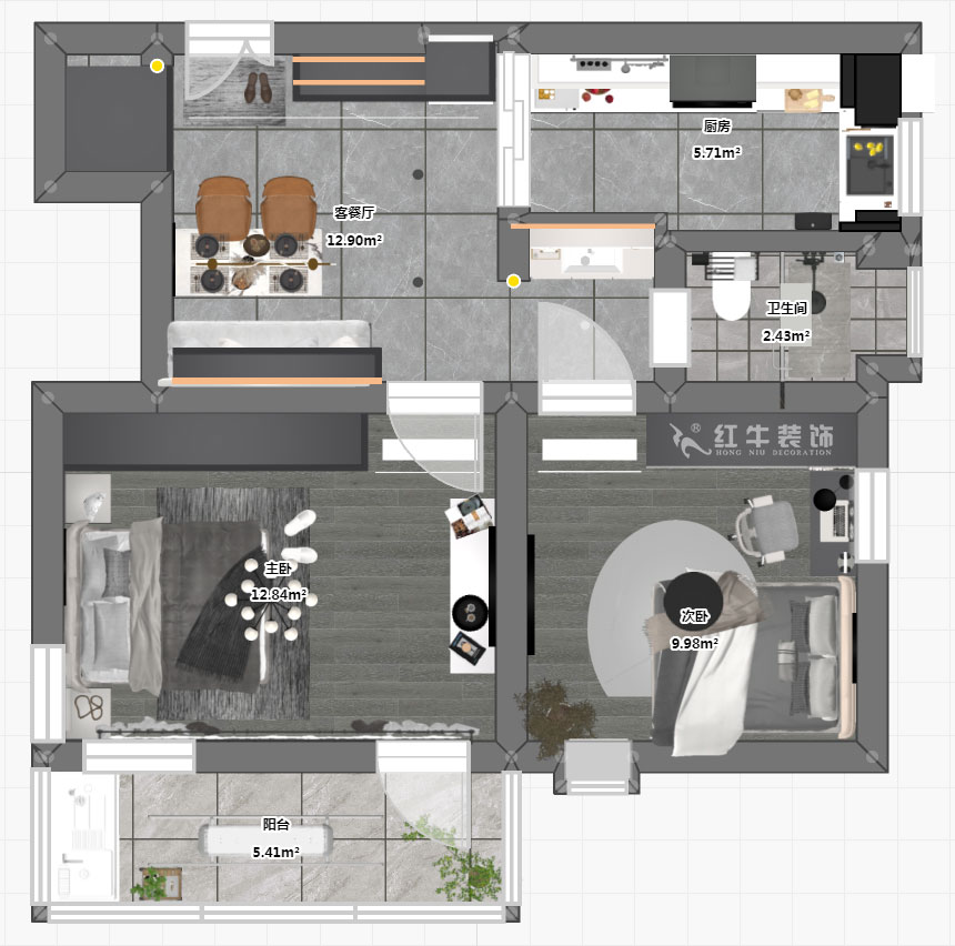 蒋琛｜公园路44号小区3-204-60㎡-现代简约风格｜2室1厅1卫｜旧房装修｜定制家｜全包10万｜00_03平面彩图