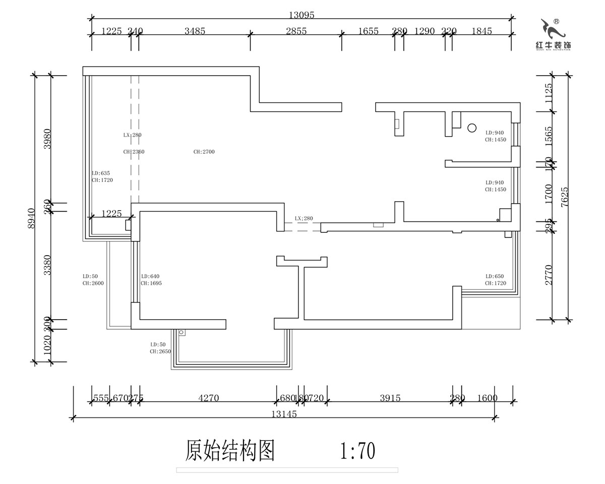 蒋琛｜紫鑫中华广场11-601-110㎡-现代简约风格｜2室2厅1卫｜旧房装修｜定制家￥140400｜全包15万｜00_01原始结构图