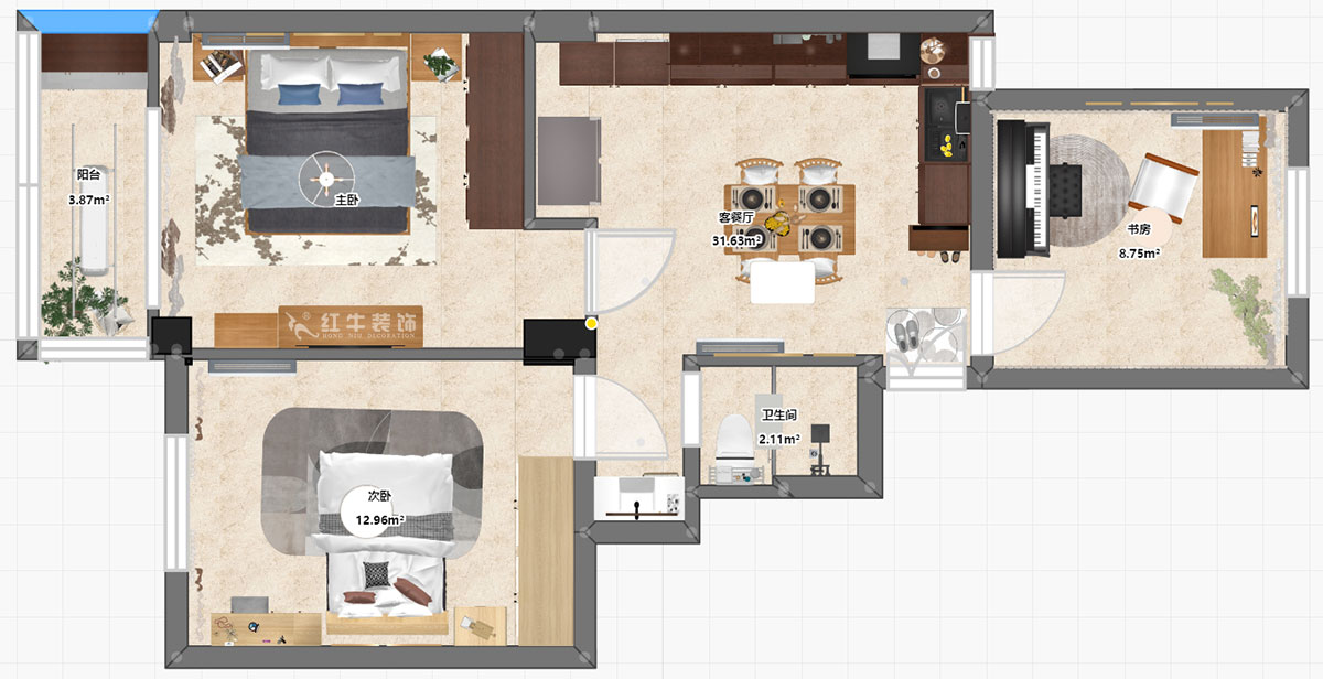 朱彦｜玉带园9栋35-302-74㎡-简约风格｜3室2厅1卫｜老房装修｜定制家｜全包10万｜00_03平面彩图