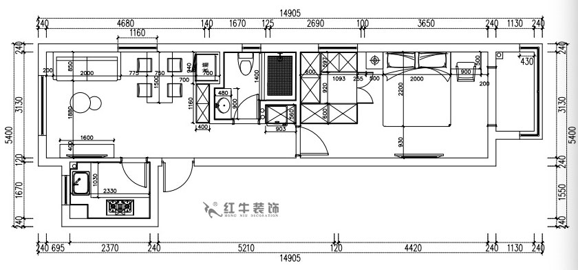 张桐玮｜紫杨佳园29-2101-59㎡-现代简约风格｜2室1厅1卫｜新房装修｜定制家￥89500｜全包10万｜00_03平面尺寸图