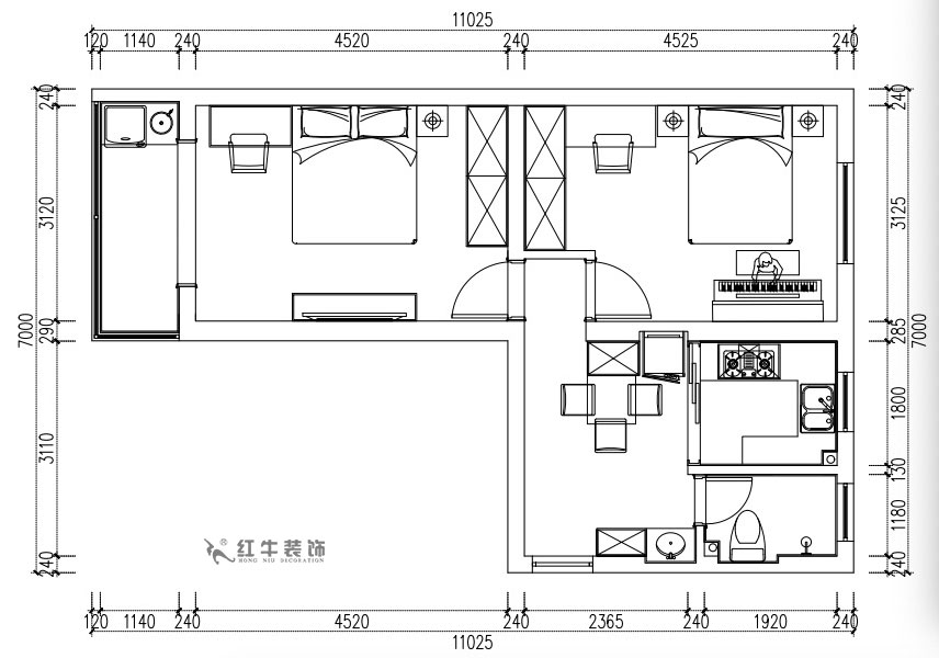 张桐玮｜老虎头3-1-403-59㎡-现代简约风格｜2室1厅1卫｜老房装修｜定制家￥68410｜全包10万｜00_02平面方案图