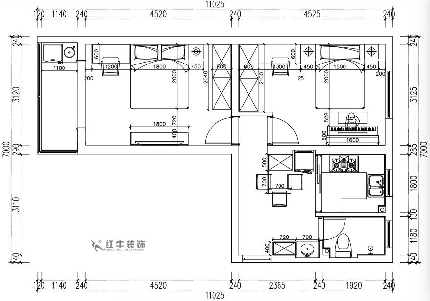 张桐玮｜老虎头3-1-403-59㎡-现代简约风格｜2室1厅1卫｜老房装修｜定制家￥68410｜全包10万｜00_03平面尺寸图