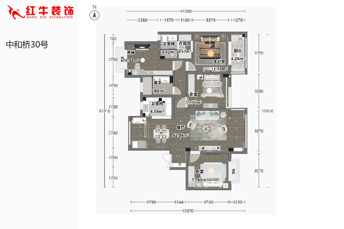 陆利民｜中和桥30号29-1403-137㎡-美式风格｜4室2厅3卫｜新房装修｜半包￥94990｜半包9