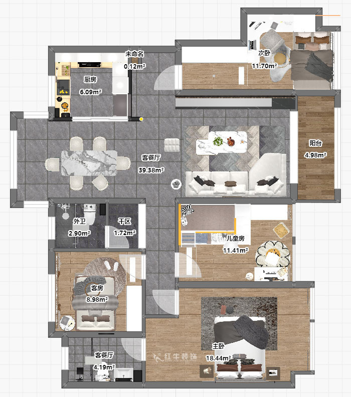 蒋琛｜电建洺悦府二期北苑5-904-135㎡-轻奢风格｜4室2厅2卫｜新房装修｜定制家｜全包20万｜00_03平面彩图