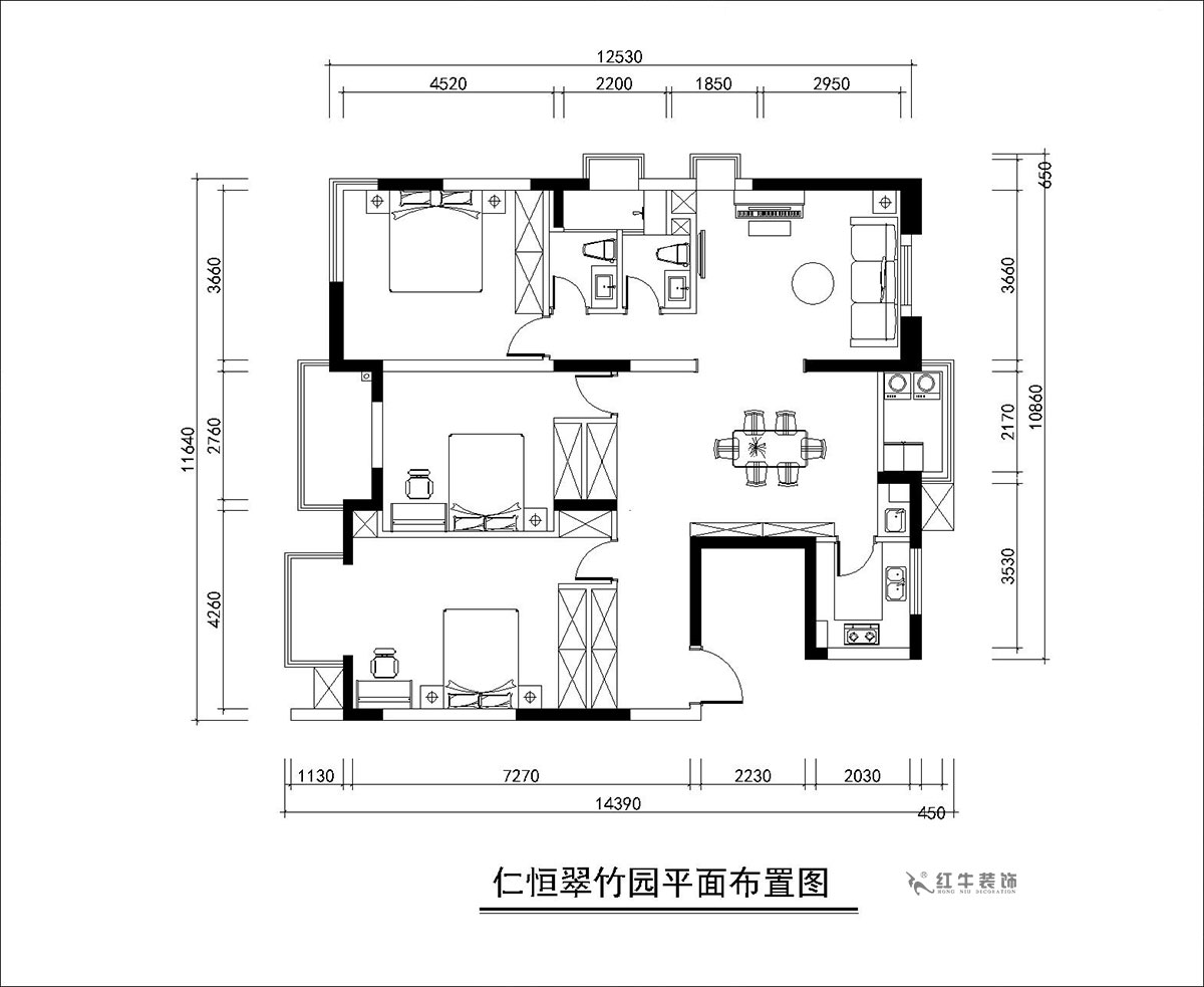 朱彦｜仁恒翠竹园26-204-130㎡-简约风格｜3室2厅2卫｜老房装修｜定制家｜全包20万｜00_02平面布置图