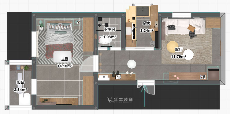 孟宪涛｜大光路菜市口1号2-2-205-50㎡-简约风格｜1室1厅1卫｜老房装修｜定制家｜全包9万｜00_03平面彩图