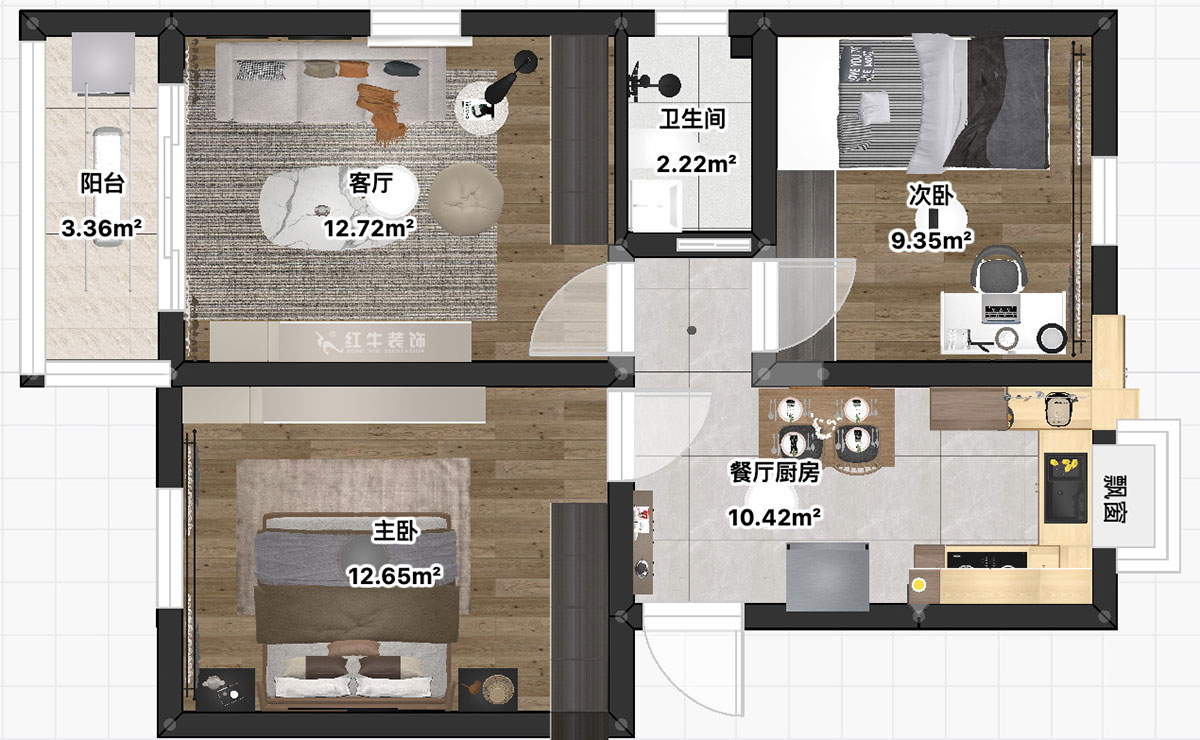 朱彦｜普德村118号4-406-65㎡-简约风格｜2室2厅1卫｜老房装修｜定制家｜全包11万｜00_03平面彩图