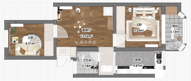 高灵慧｜南苑台园26号9-401-60㎡-北欧风格｜2室1厅1卫｜老房装修｜定制家｜全包9万｜00_03平面彩图