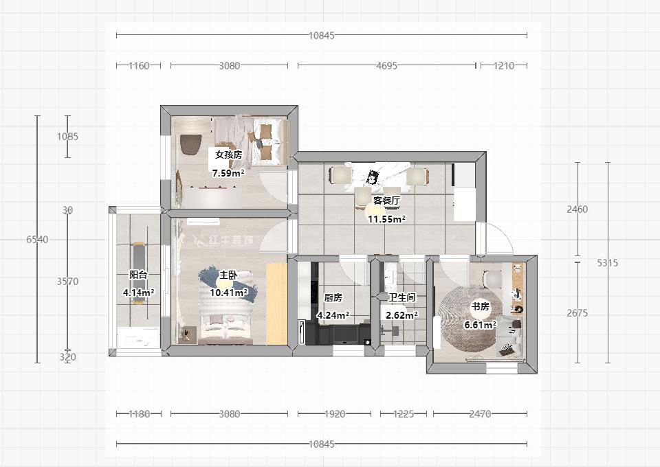 蒋琛｜建邺路住宅小区72-1806-70㎡-现代简约风格｜3室1厅1卫｜老房装修｜定制家｜全包10万｜00_03平面彩图