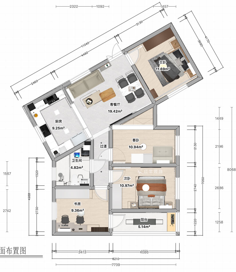 张智猿｜长营村145号1-306-100㎡-现代简约风格｜4室1厅1卫｜老房装修｜定制家｜全包15万｜00_04平面彩图