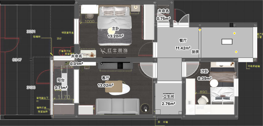 蒋琛｜安德里30号玻纤院小区14-103-65㎡-现代简约风格｜3室1厅1卫｜老房装修｜定制家｜全包10万｜00_03平面彩图