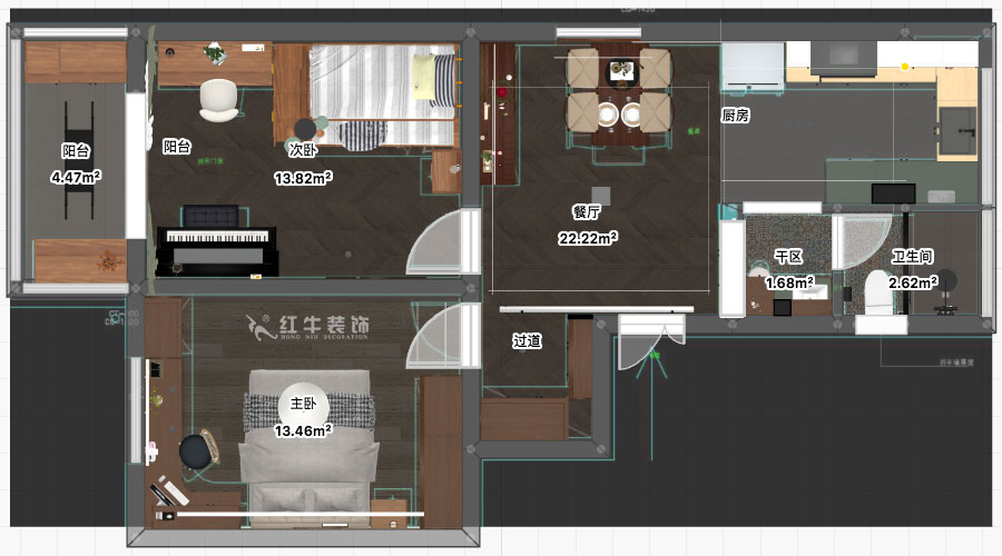 孟宪涛｜宁夏路18号3-204-70㎡-现代风格｜2室2厅1卫｜老房装修｜定制家｜全包12万｜00_03平面彩图