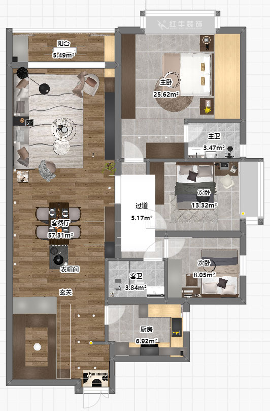 吴波｜京隆名爵府3-1107-165㎡-现代风格｜3室2厅2卫｜新房装修｜定制家｜全包21万｜00_04平面彩图