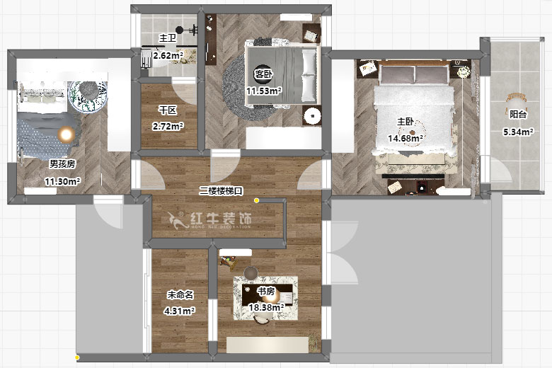 吴波｜翠屏国际香樟苑-7-404-124㎡-现代风格｜3室2厅2卫｜二手房装修｜定制家｜全包17万｜00_06二楼平面彩图