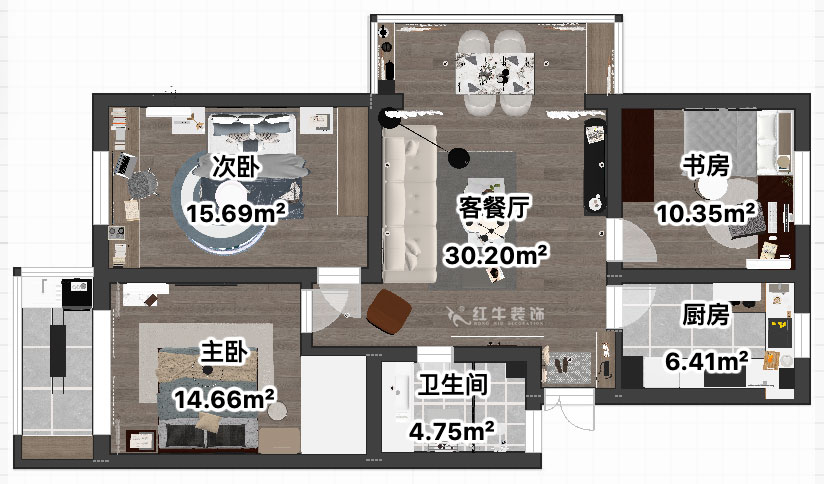 吴波｜宏鹰花园2-601-103㎡-现代简约风格｜3室2厅1卫｜旧房装修｜定制家｜全包13万｜00_04平面彩图