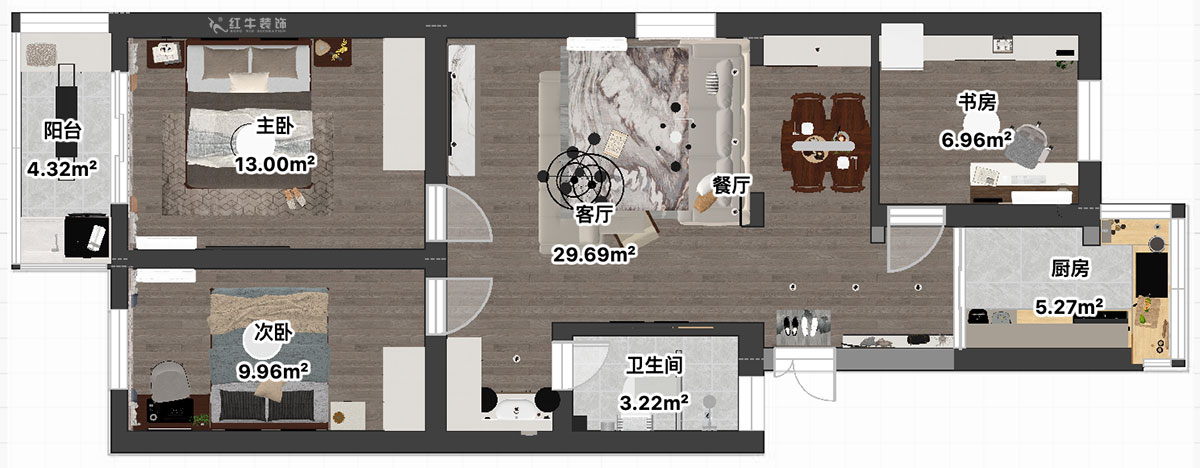 吴波｜宁工新寓一村44-502-90㎡-现代简约风格｜3室2厅1卫｜旧房装修｜定制家｜全包12万｜00_04平面彩图