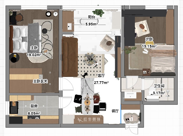 朱明琪｜朗诗国际街区中园6-1-602-100㎡-现代原木风格｜2室1厅1卫｜老房装修｜定制家｜全包11万｜00_03平面彩图