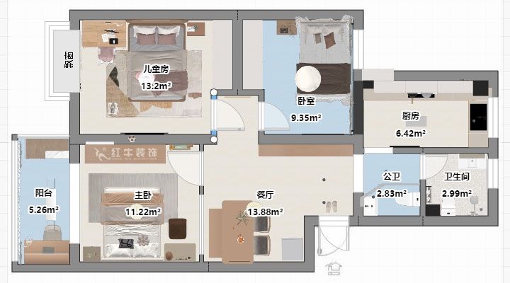 刘晓芳｜江南明珠33-3-306-84㎡-奶油风格｜3室2厅1卫｜老房装修｜定制家｜全包10