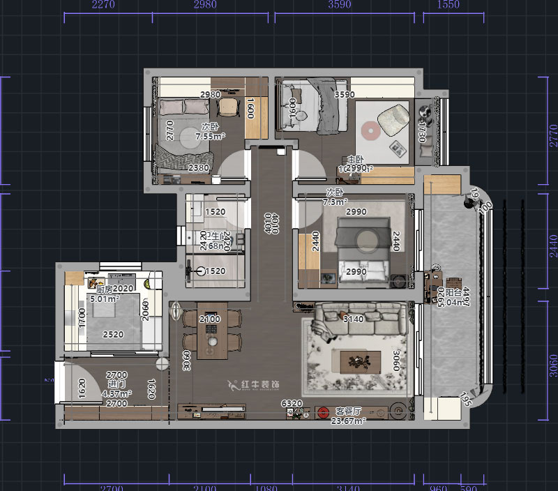 熊皓宇|高科紫尧星院-90㎡-现代原木风|3室2厅1卫|精装修改造|00_01平面彩图