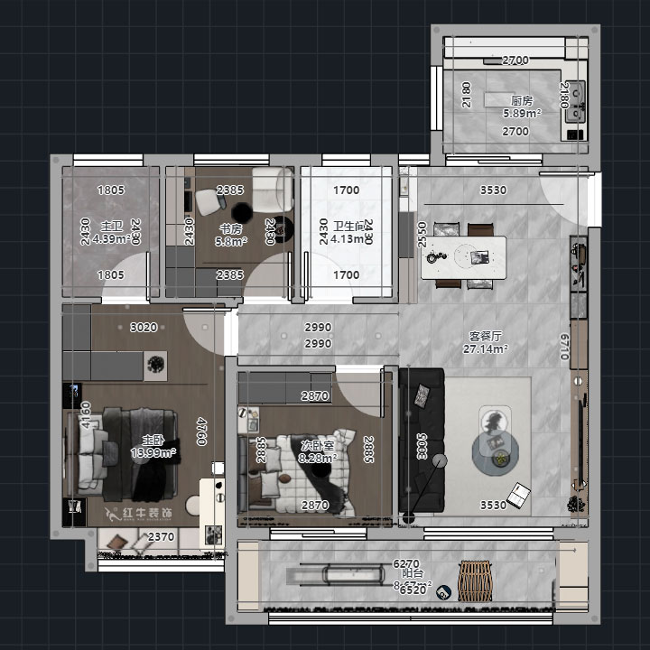 熊皓宇｜华发四季雅筑-120㎡-现代风格｜3室2厅2卫｜精装修改造｜00_01平面彩图