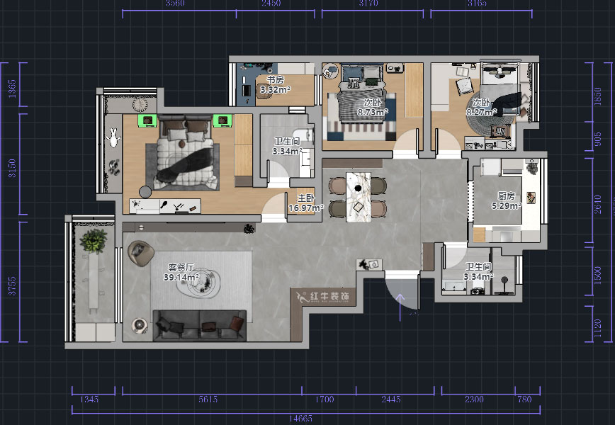 熊皓宇|江南青年城翠湾苑-130㎡-现代风格|4室2厅2卫|新房装修|半包7
