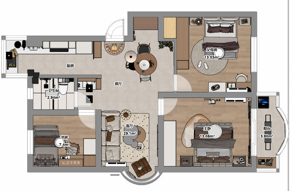 仇美蓉|裕华新村2-3-406-86㎡-简约风格|3室2厅1卫|老房装修|定制家|全包10万|00_03平面彩图