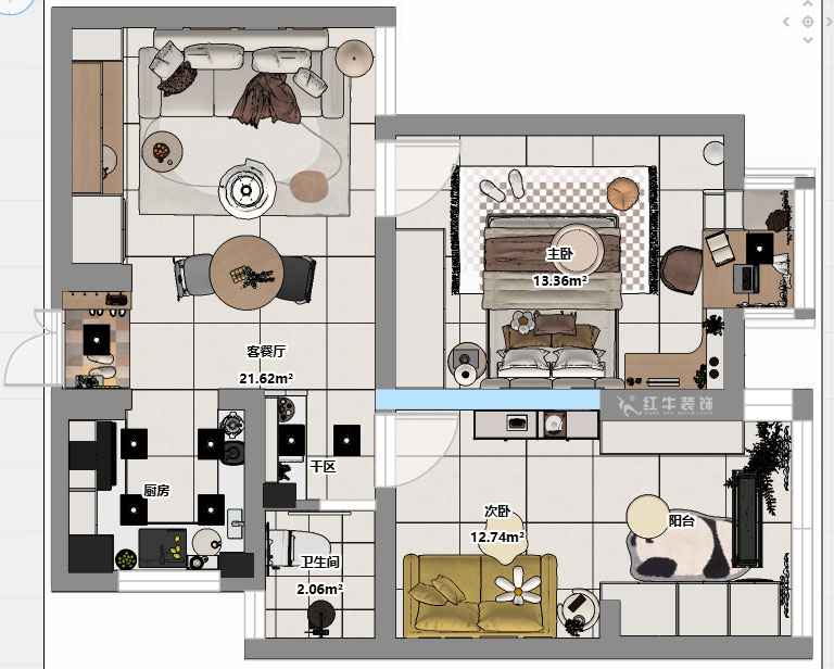 朱明琪｜燕江新城山水苑10-2-1007-68㎡-简约风格｜2室1厅1卫｜老房装修｜定制家｜全包8万｜00_03平面彩图