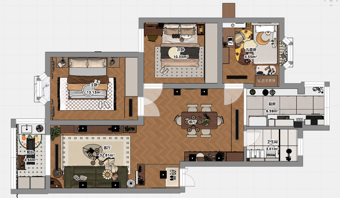 朱彦｜林业大学一村2-204-90㎡-现代简约风格｜3室2厅1卫｜老房改造｜定制家｜全包12万｜00_03平面彩图