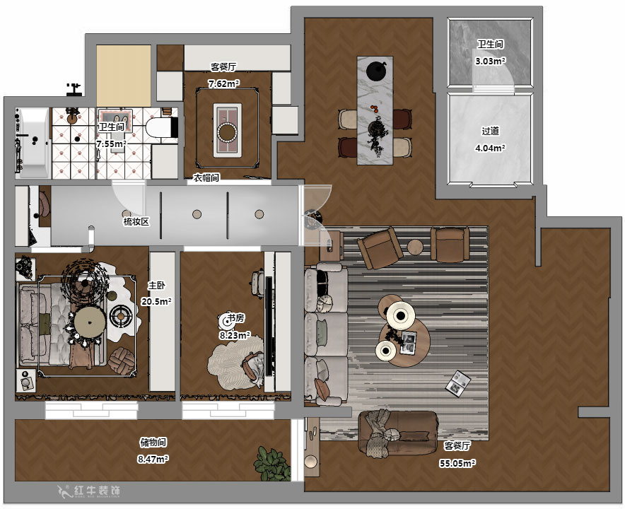 蒋琛｜通宇·润悦府5-2-104-130㎡-美式复古风格｜3室2厅1卫｜新房装修｜定制家｜全包15万｜00_03平面彩图