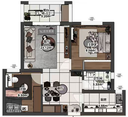 吴波｜新江雅苑1-702-70㎡-现代简约风格｜2室2厅1卫1厨1阳台｜旧房装修｜定制家｜全包8万｜00_03平面彩图