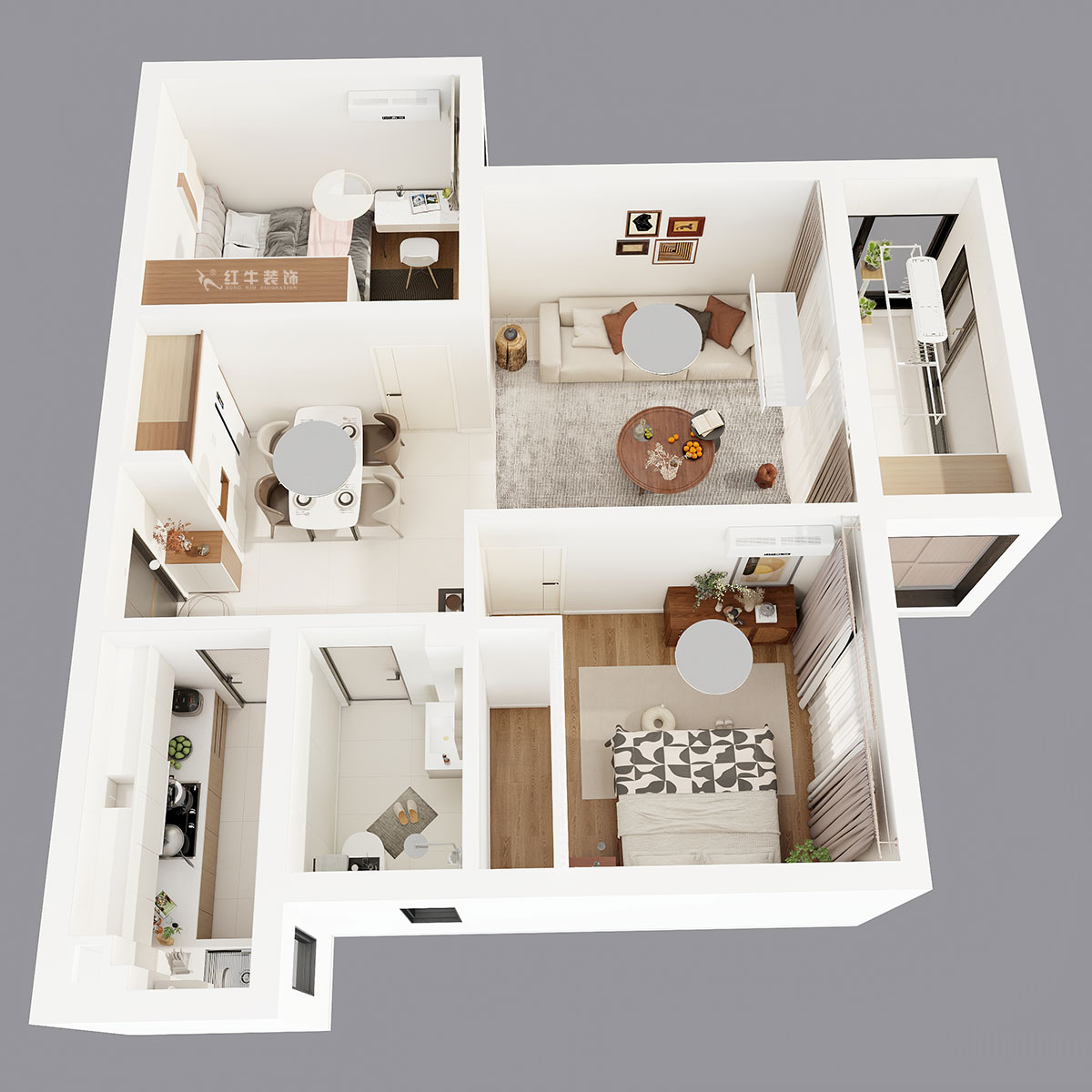 吴波｜新江雅苑1-702-70㎡-现代简约风格｜2室2厅1卫1厨1阳台｜旧房装修｜定制家｜全包8万｜00_04鸟瞰图