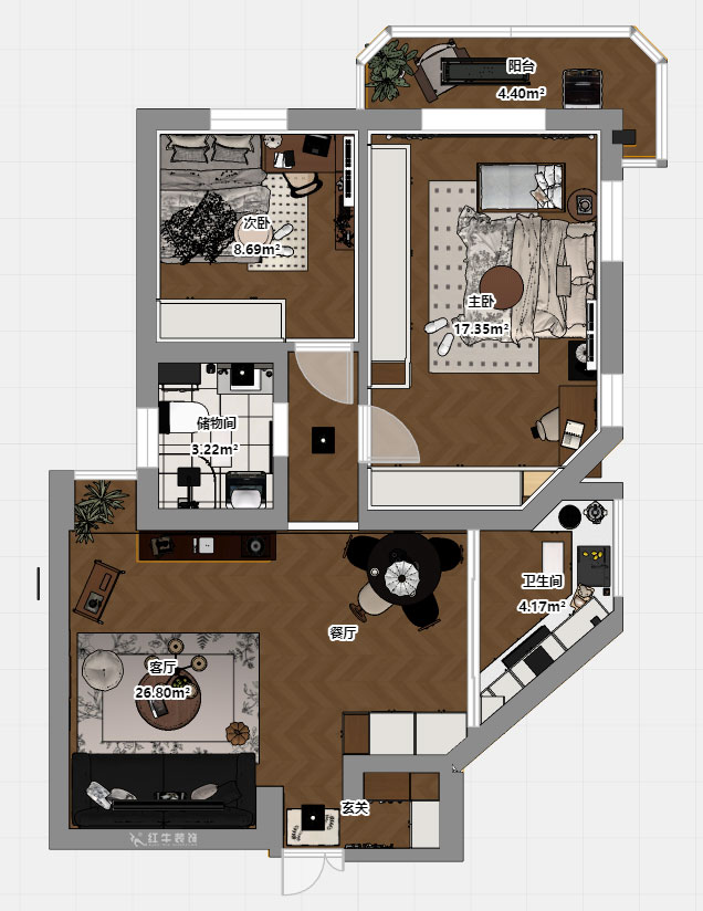 孟宪涛｜金宝花园5-2701-82㎡-简约中古风格｜2室1厅1卫｜老房装修｜定制家｜全包10万｜00_03平面彩图